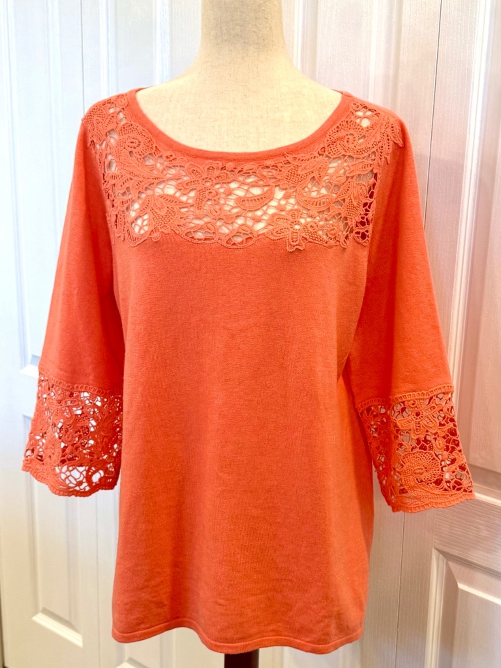 Woman's, Size XL, Soft Surroundings Coral Sweater Top, Crocheted Neck & Sleeves